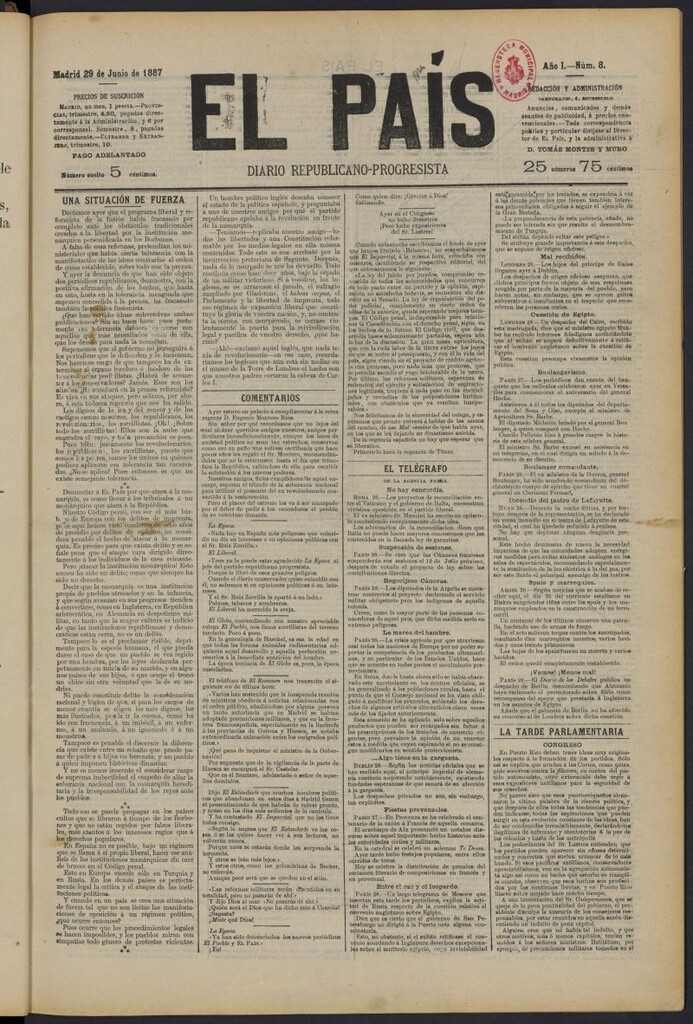 Miniatura de El País: diario republicano-progresista del 29 de junio de 1887, nº 8
