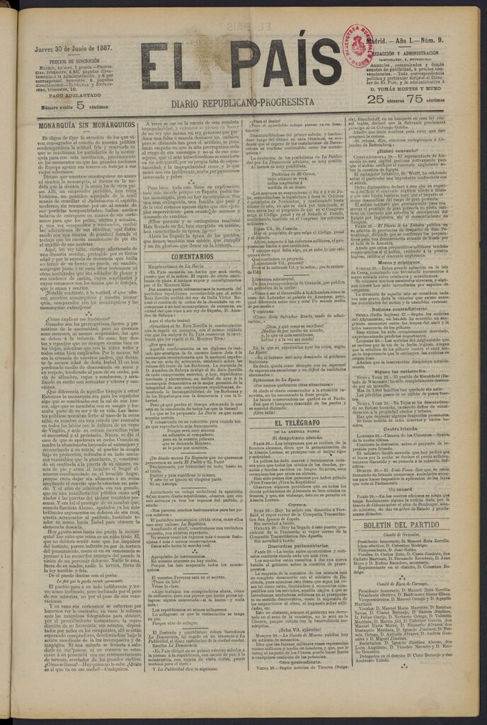 Miniatura de El País: diario republicano-progresista del 30 de junio de 1887, nº 9