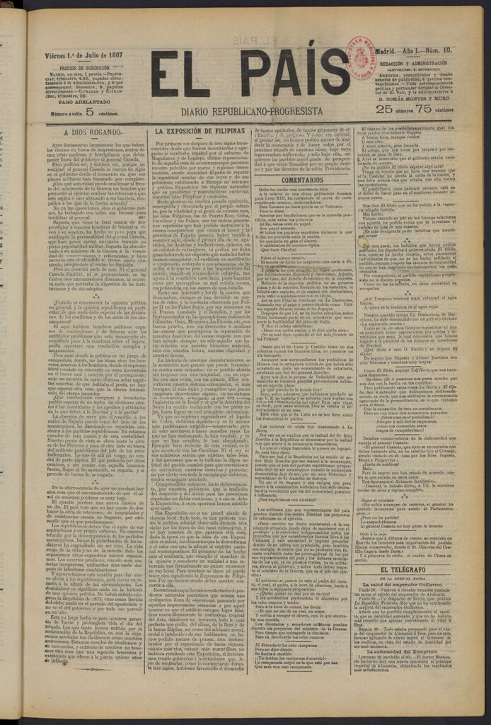 Miniatura de El País: diario republicano-progresista del 1 de julio de 1887, nº 10