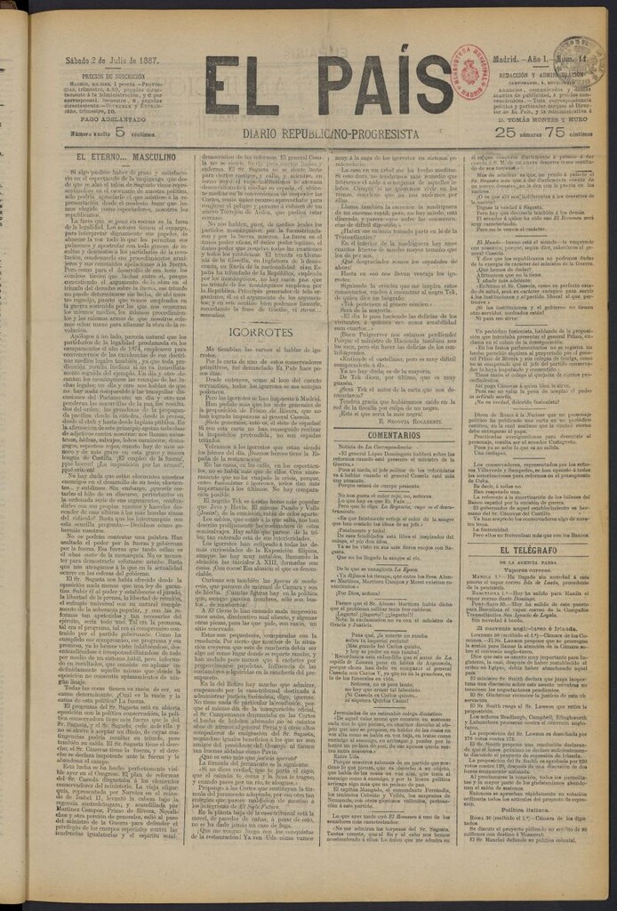 Miniatura de El País: diario republicano-progresista del 2 de julio de 1887, nº 11