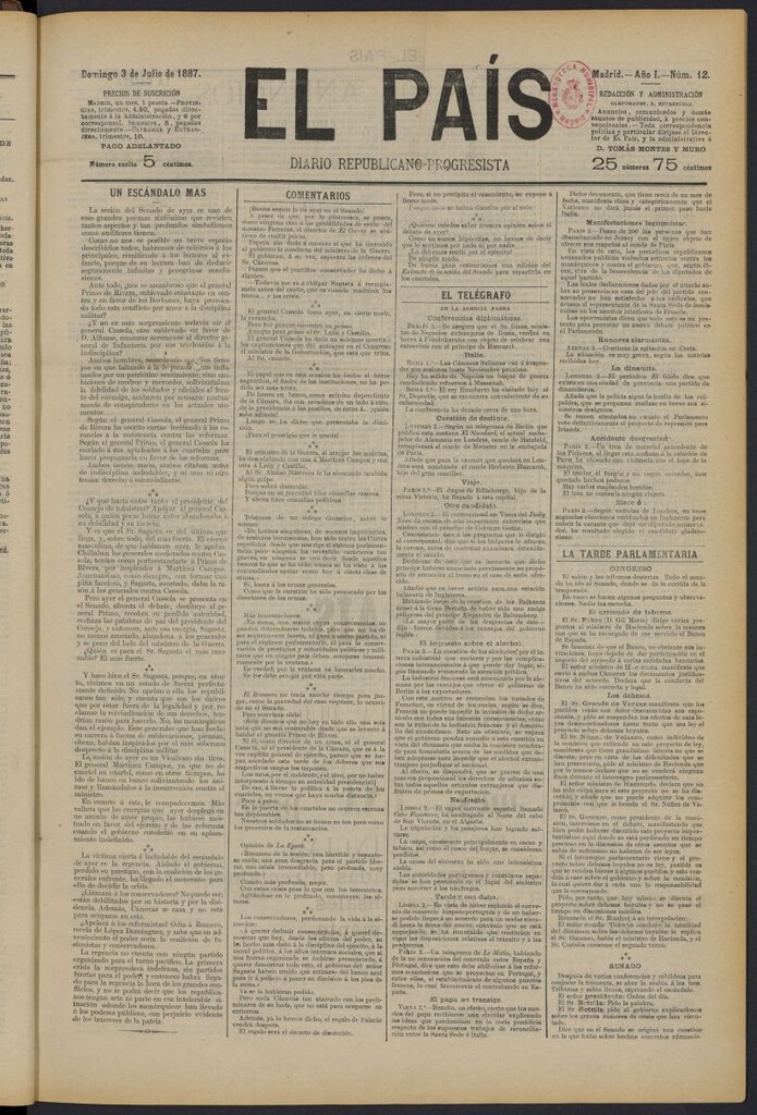 Miniatura de El País: diario republicano-progresista del 3 de julio de 1887, nº 12