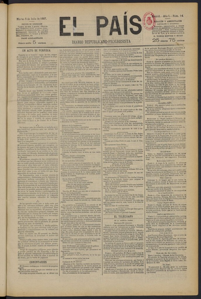 Miniatura de El País: diario republicano-progresista del 5 de julio de 1887, nº 14