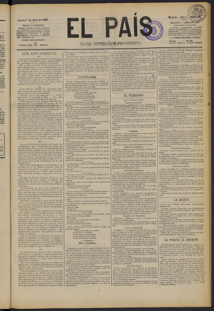 Miniatura de El País: diario republicano-progresista del 7 de julio de 1887, nº 16