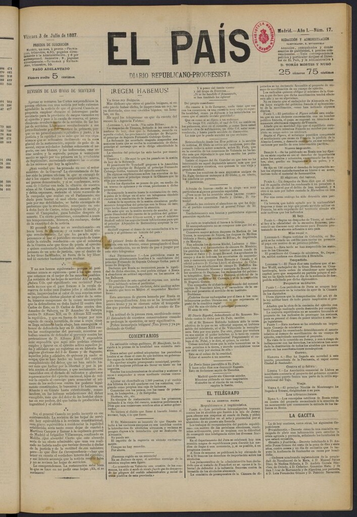 Miniatura de El País: diario republicano-progresista del 8 de julio de 1887, nº 17