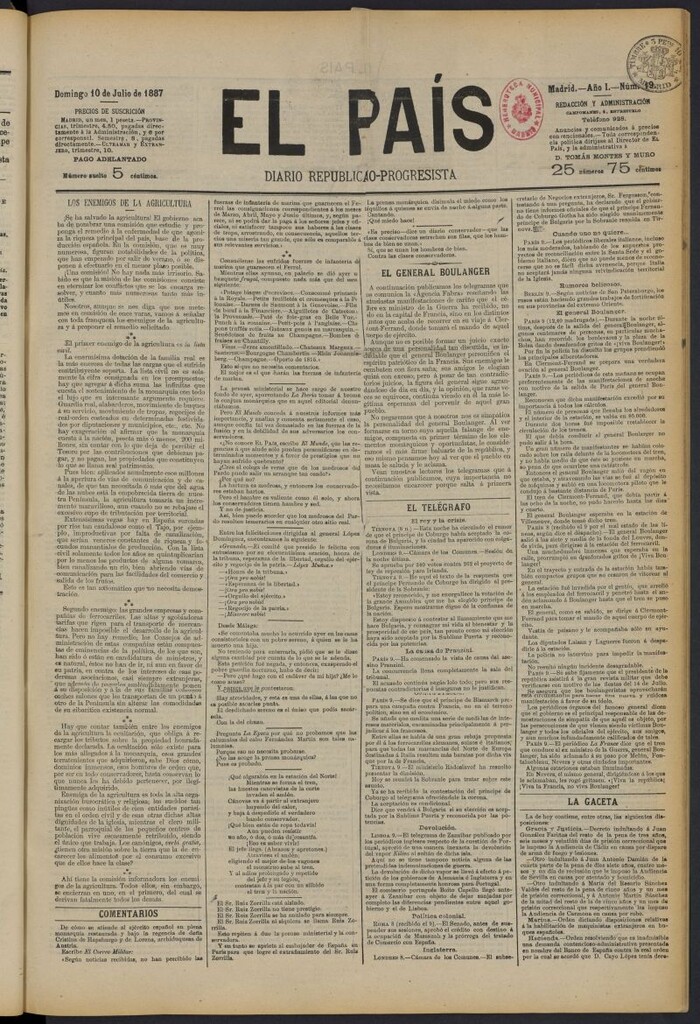 Miniatura de El País: diario republicano-progresista del 10 de julio de 1887, nº 19