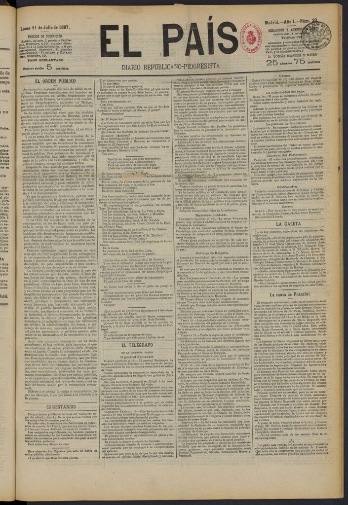 Miniatura de El País: diario republicano-progresista del 11 de julio de 1887, nº 20