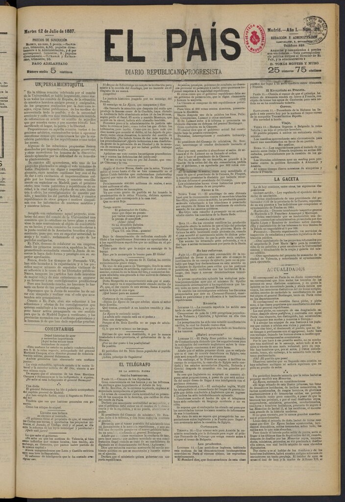 Miniatura de El País: diario republicano-progresista del 12 de julio de 1887, nº 21
