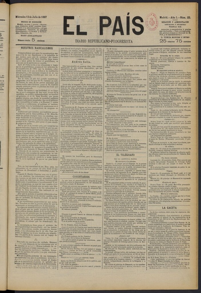 Miniatura de El País: diario republicano-progresista del 13 de julio de 1887, nº 22