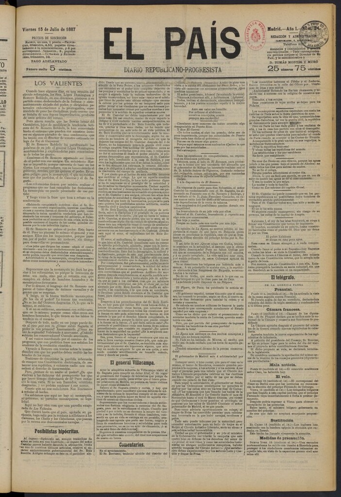 Miniatura de El País: diario republicano-progresista del 15 de julio de 1887, nº 24
