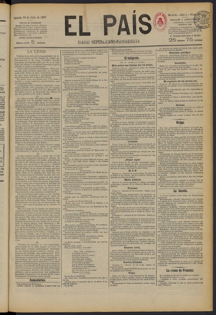 Miniatura de El País: diario republicano-progresista del 16 de julio de 1887, nº 25