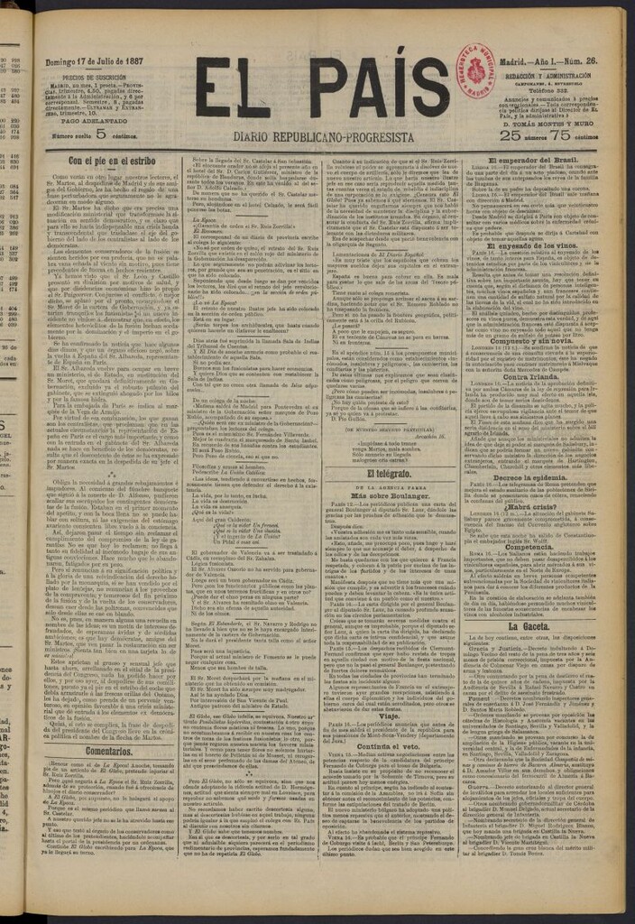 Miniatura de El País: diario republicano-progresista del 17 de julio de 1887, nº 26