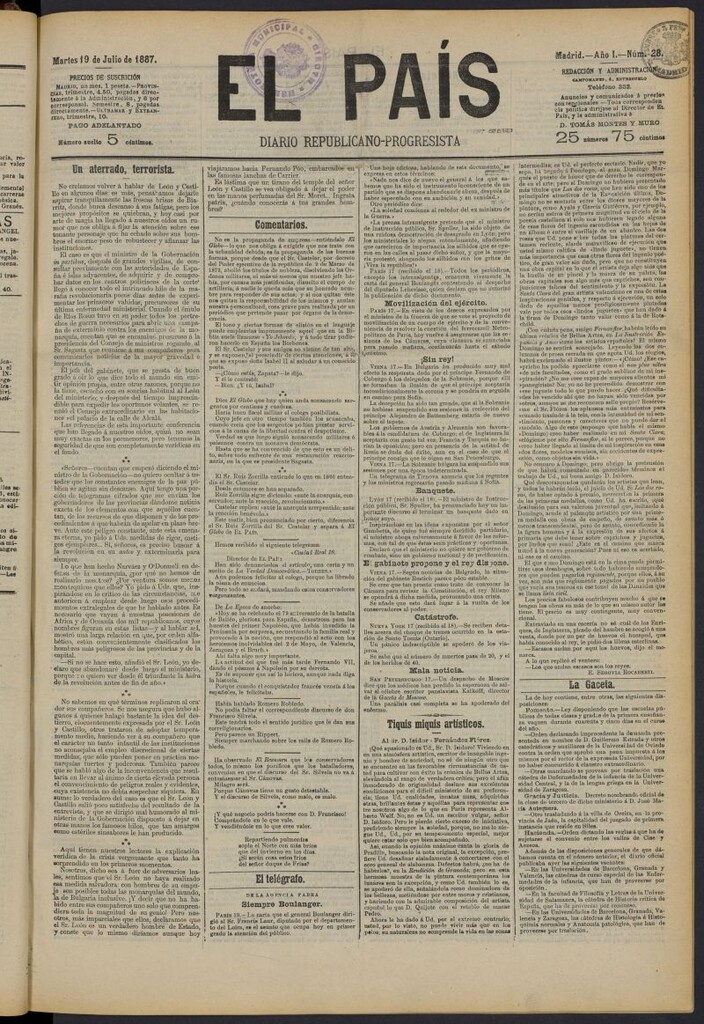 Miniatura de El País: diario republicano-progresista del 19 de julio de 1887, nº 28