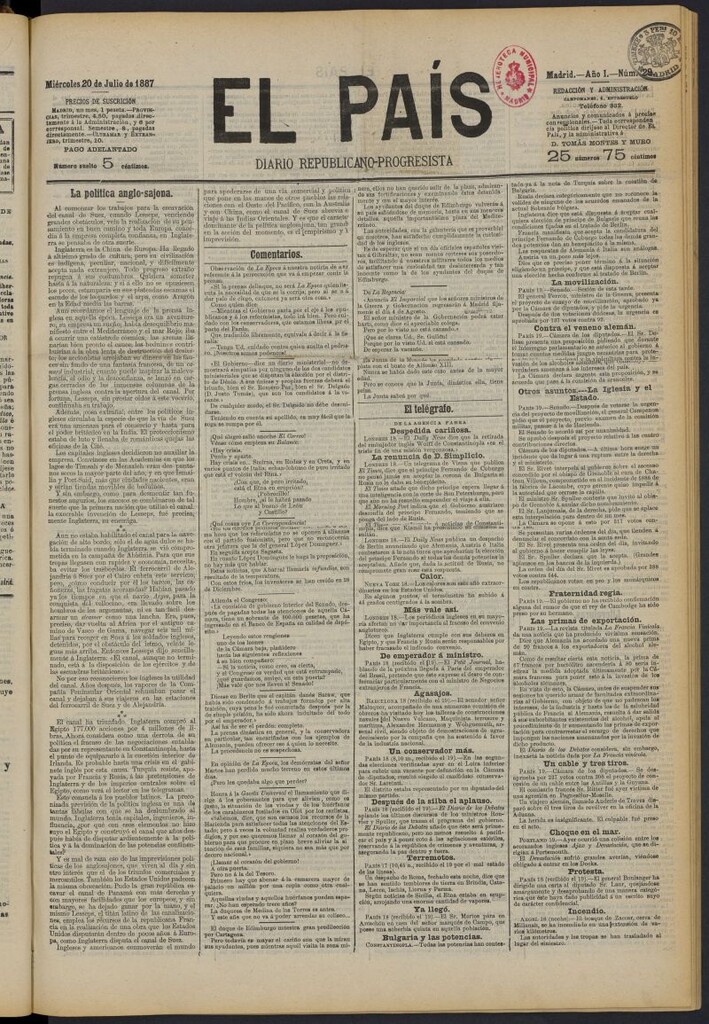 Miniatura de El País: diario republicano-progresista del 20 de julio de 1887, nº 29