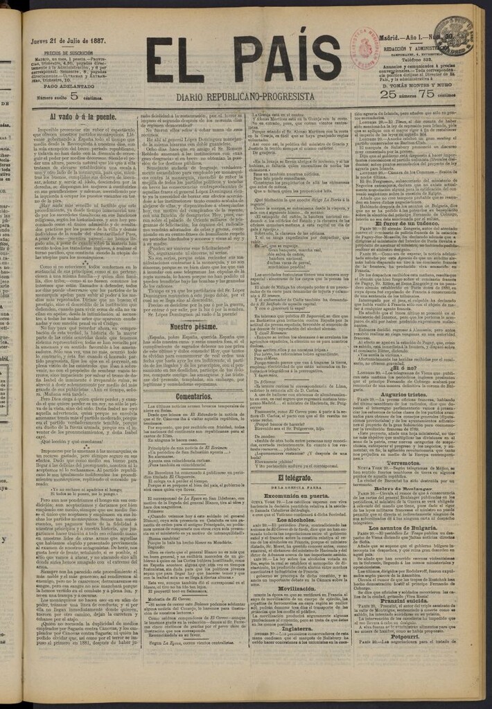 Miniatura de El País: diario republicano-progresista del 21 de julio de 1887, nº 30