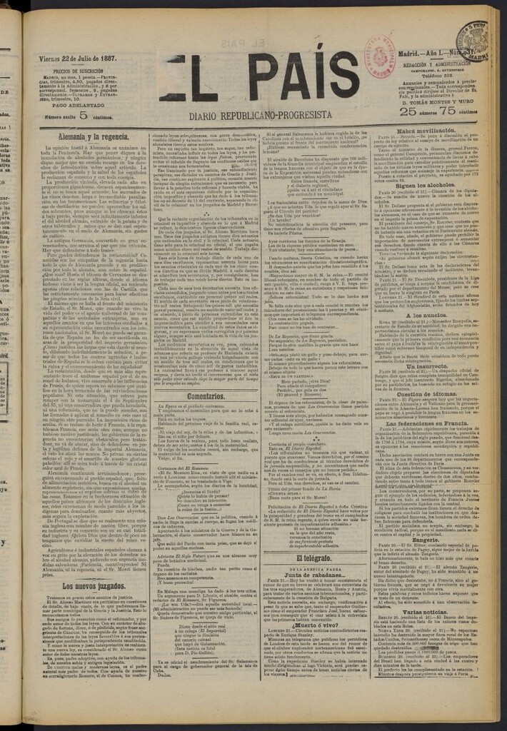 Miniatura de El País: diario republicano-progresista del 22 de julio de 1887, nº 31