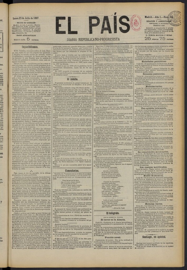 Miniatura de El País: diario republicano-progresista del 25 de julio de 1887, nº 34