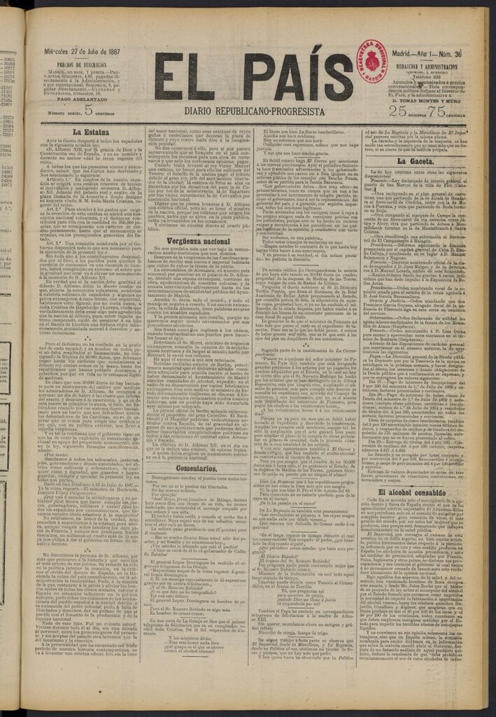 Miniatura de El País: diario republicano-progresista del 27 de julio de 1887, nº 36
