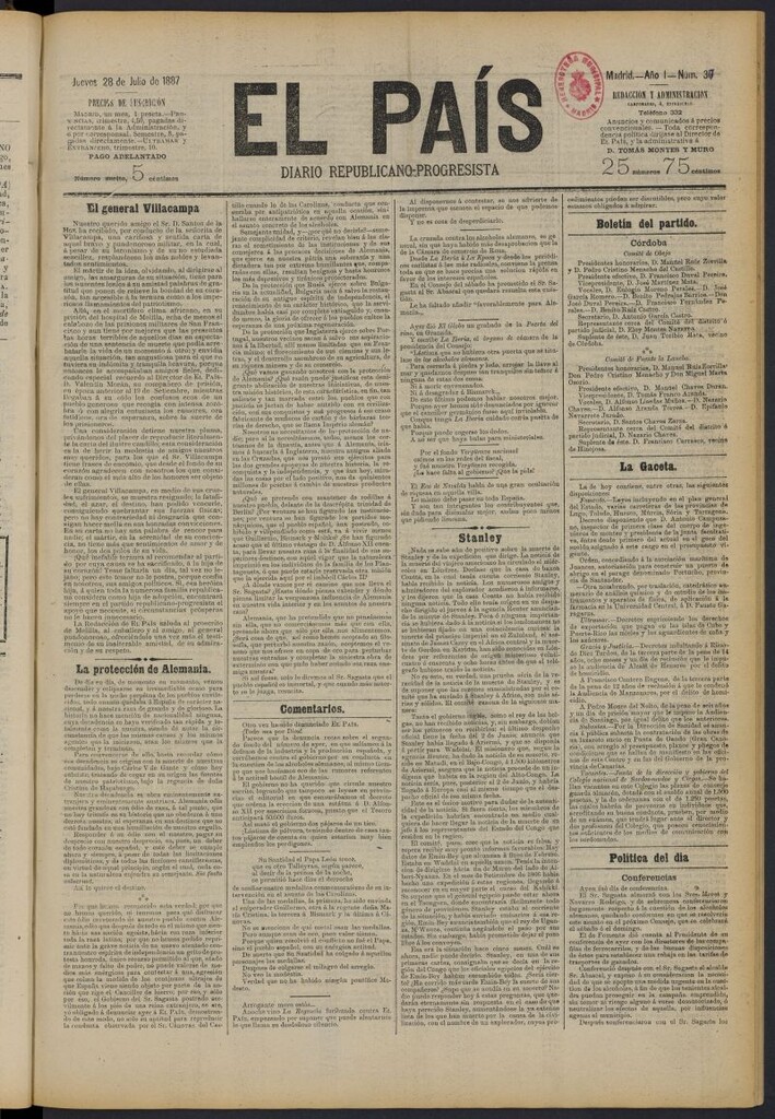 Miniatura de El País: diario republicano-progresista del 28 de julio de 1887, nº 37