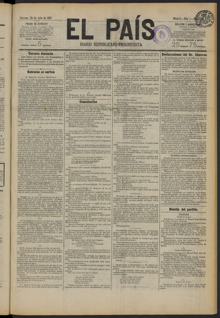 Miniatura de El País: diario republicano-progresista del 29 de julio de 1887, nº 38