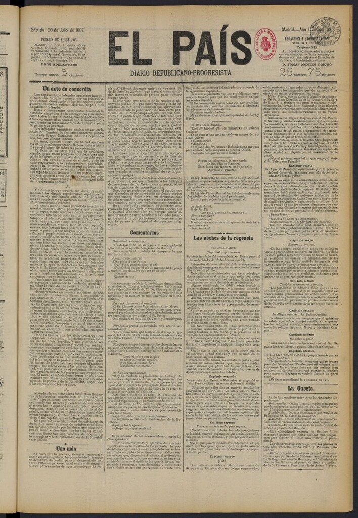 Miniatura de El País: diario republicano-progresista del 30 de julio de 1887, nº 39