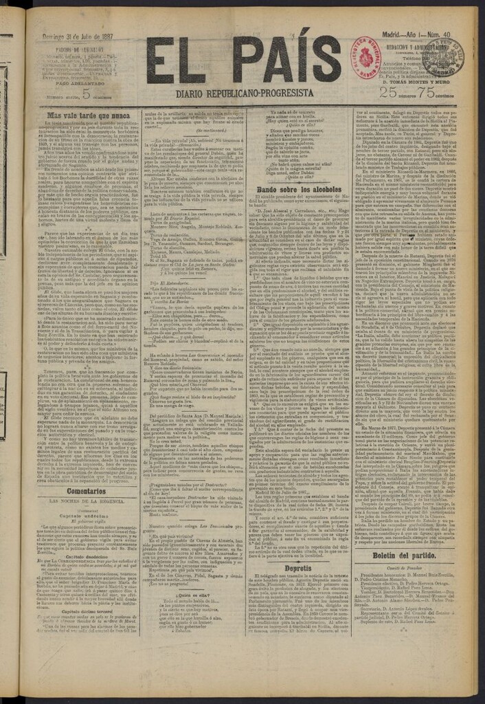 Miniatura de El País: diario republicano-progresista del 31 de julio de 1887, nº 40