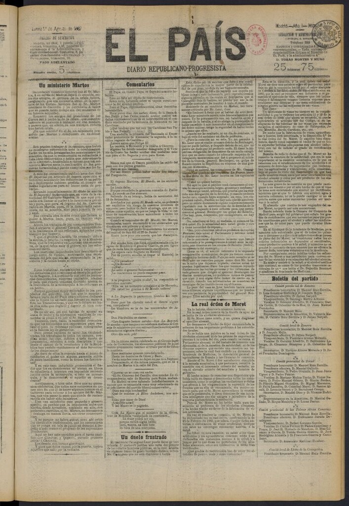 Miniatura de El País: diario republicano-progresista del 1 de agosto de 1887, nº 41