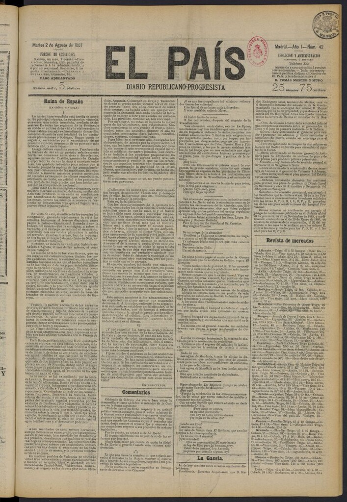 Miniatura de El País: diario republicano-progresista del 2 de agosto de 1887, nº 42