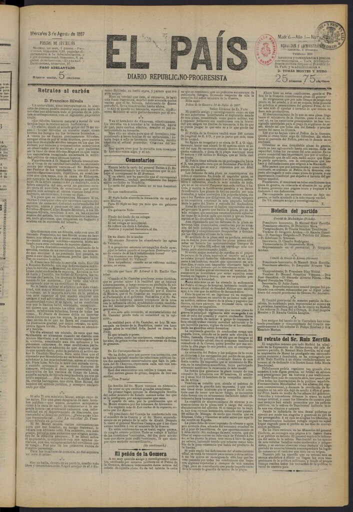 Miniatura de El País: diario republicano-progresista del 3 de agosto de 1887, nº 43