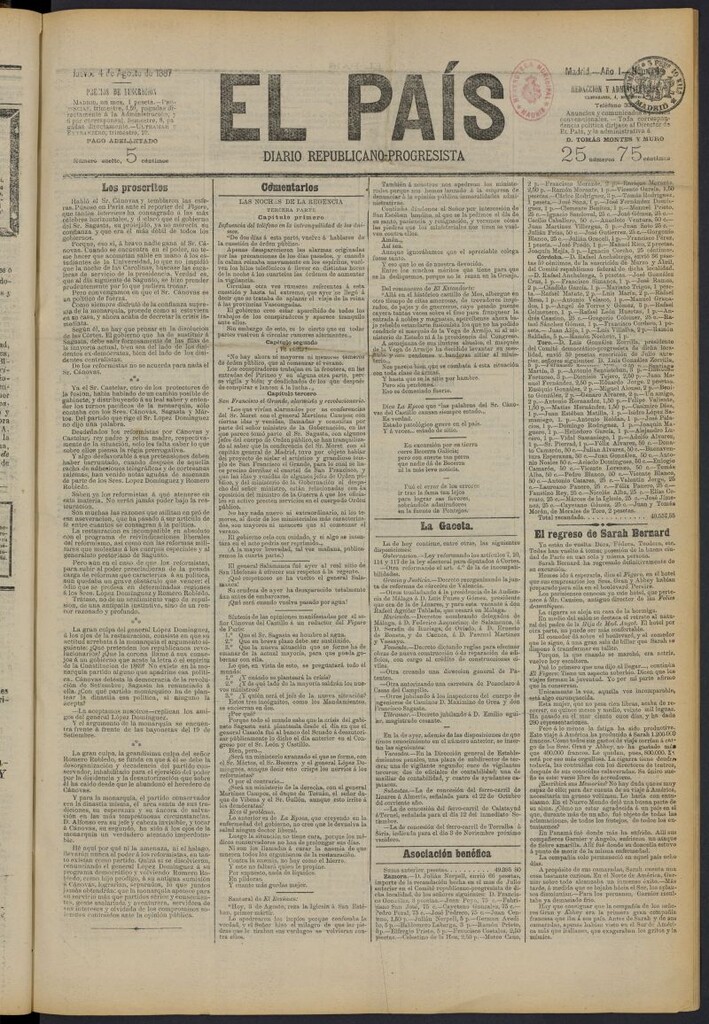 Miniatura de El País: diario republicano-progresista del 4 de agosto de 1887, nº 44