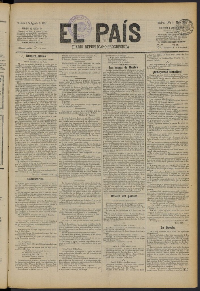 Miniatura de El País: diario republicano-progresista del 5 de agosto de 1887, nº 45