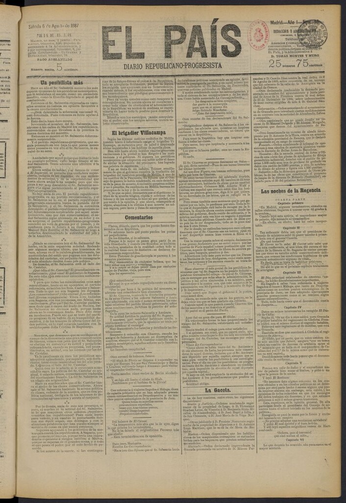 Miniatura de El País: diario republicano-progresista del 6 de agosto de 1887, nº 46