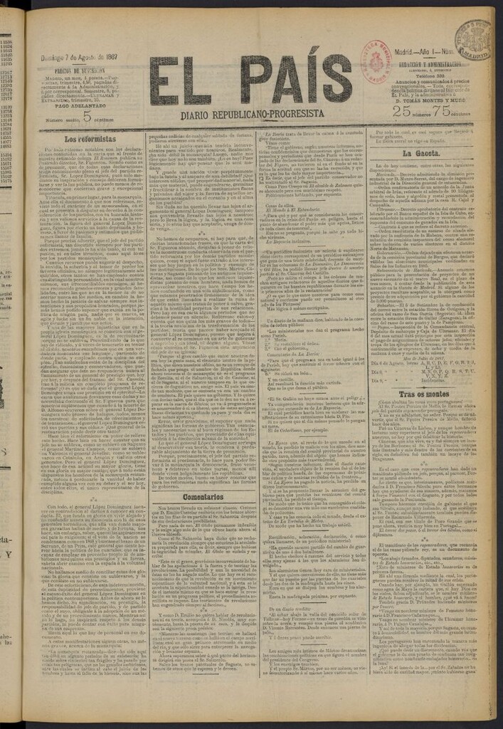 Miniatura de El País: diario republicano-progresista del 7 de agosto de 1887, nº 47