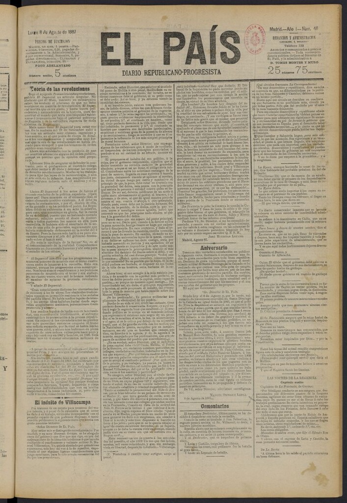 Miniatura de El País: diario republicano-progresista del 8 de agosto de 1887, nº 48