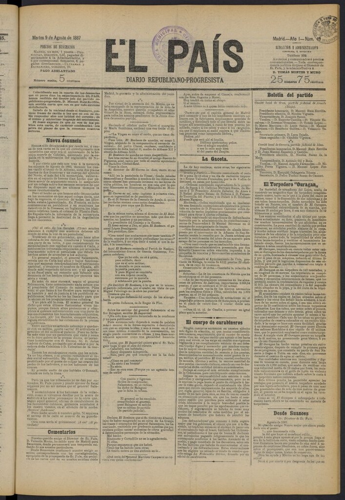 Miniatura de El País: diario republicano-progresista del 9 de agosto de 1887, nº 49