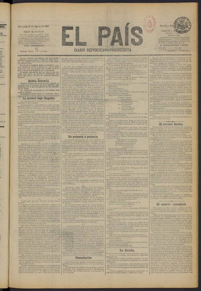 Miniatura de El País: diario republicano-progresista del 10 de agosto de 1887, nº 50