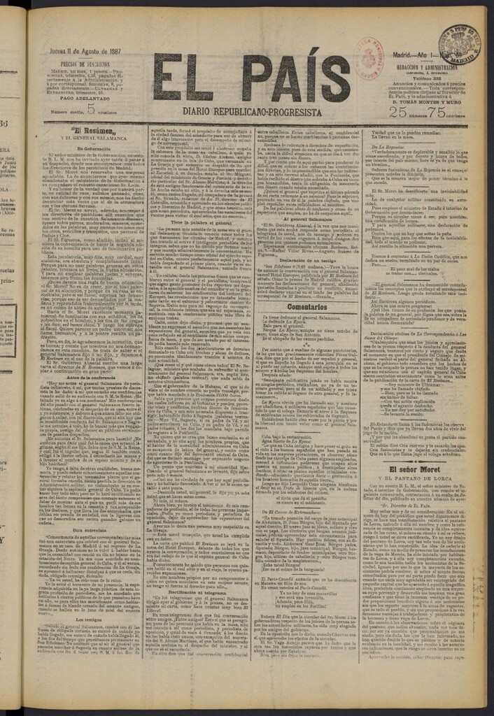 Miniatura de El País: diario republicano-progresista del 11 de agosto de 1887, nº 51