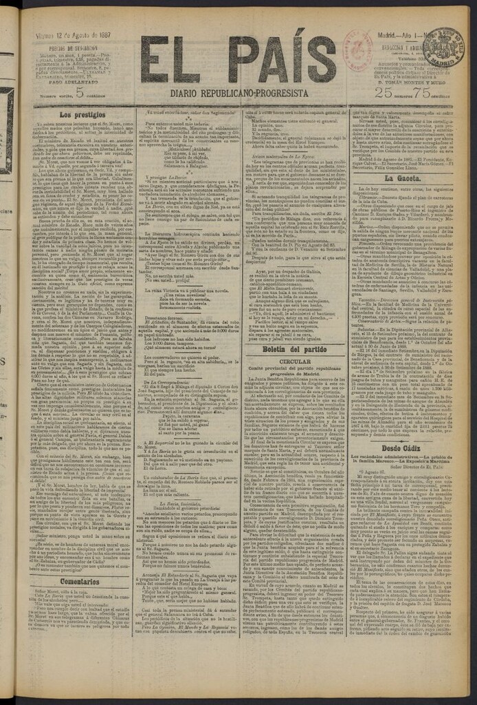 Miniatura de El País: diario republicano-progresista del 12 de agosto de 1887, nº 52
