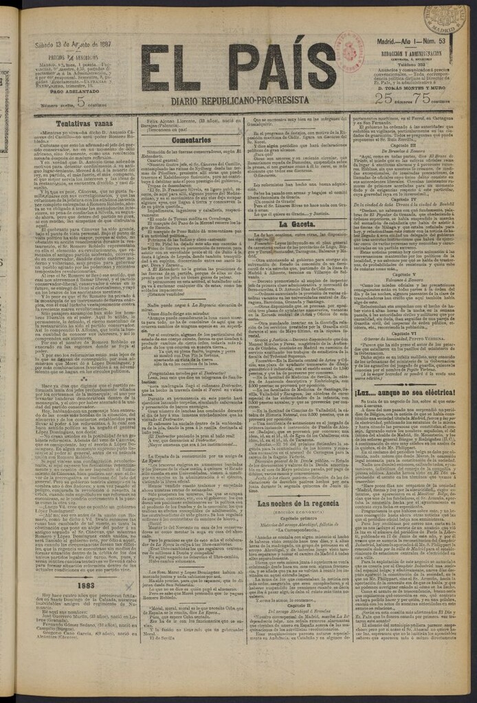 Miniatura de El País: diario republicano-progresista del 13 de agosto de 1887, nº 53