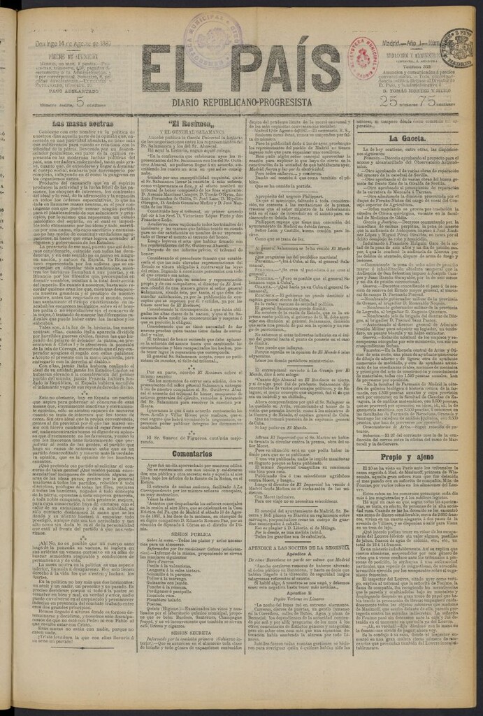 Miniatura de El País: diario republicano-progresista del 14 de agosto de 1887, nº 54