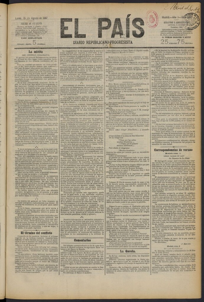 Miniatura de El País: diario republicano-progresista del 15 de agosto de 1887, nº 55