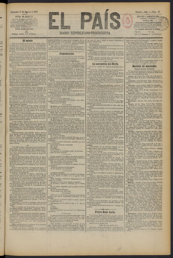 Miniatura de El País: diario republicano-progresista del 17 de agosto de 1887, nº 57