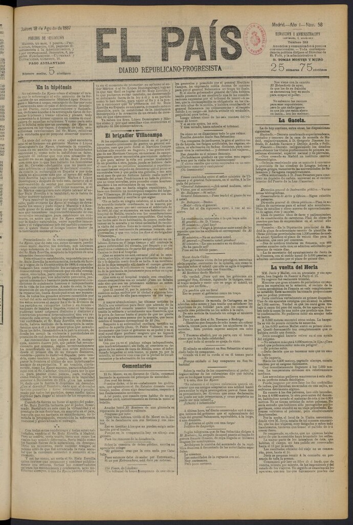 Miniatura de El País: diario republicano-progresista del 18 de agosto de 1887, nº 58