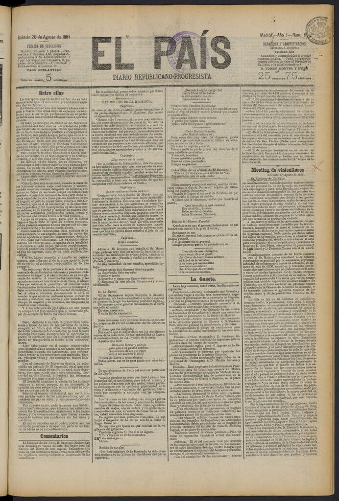 Miniatura de El País: diario republicano-progresista del 20 de agosto de 1887, nº 60