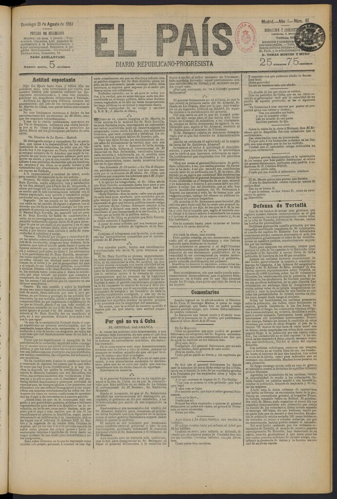 Miniatura de El País: diario republicano-progresista del 21 de agosto de 1887, nº 61
