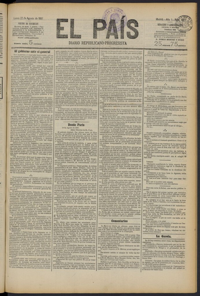 Miniatura de El País: diario republicano-progresista del 22 de agosto de 1887, nº 62