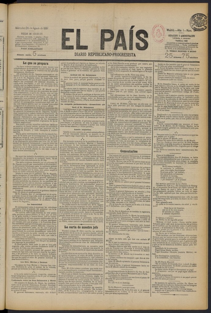 Miniatura de El País: diario republicano-progresista del 24 de agosto de 1887, nº 64