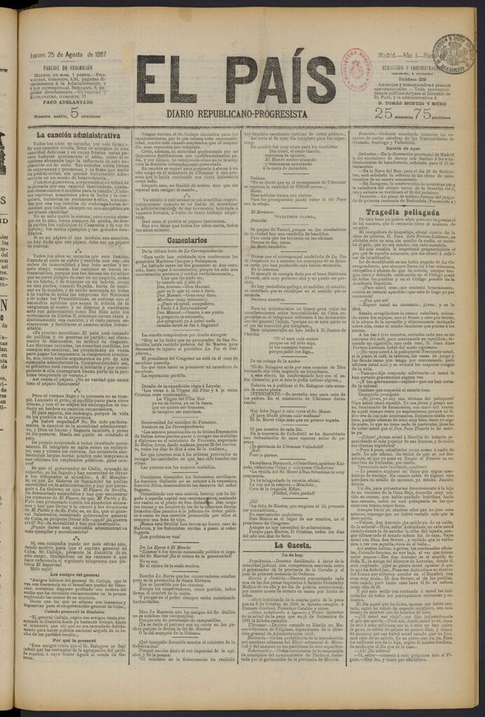 Miniatura de El País: diario republicano-progresista del 25 de agosto de 1887, nº 65