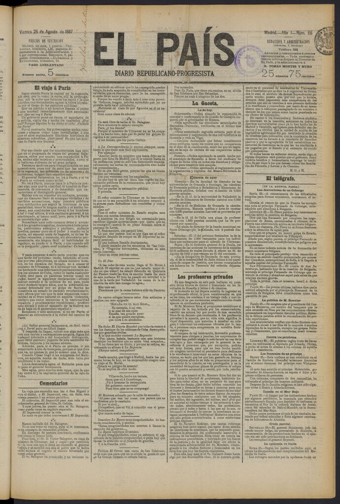 Miniatura de El País: diario republicano-progresista del 26 de agosto de 1887, nº 66