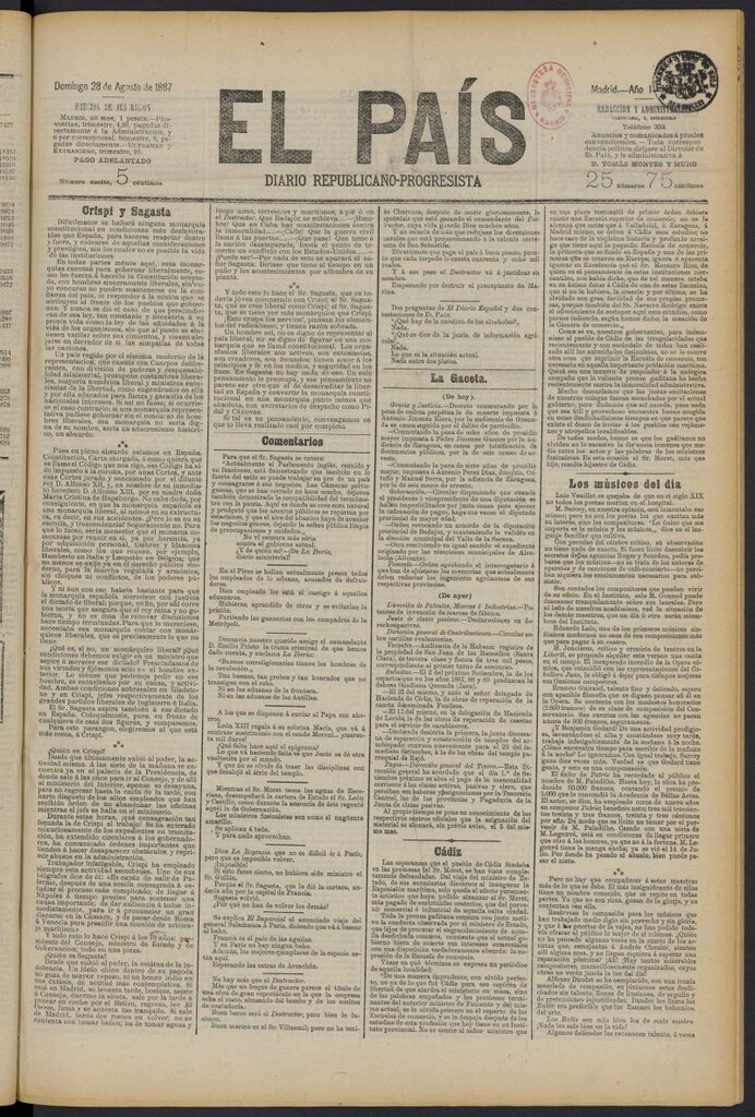 Miniatura de El País: diario republicano-progresista del 28 de agosto de 1887, nº 68
