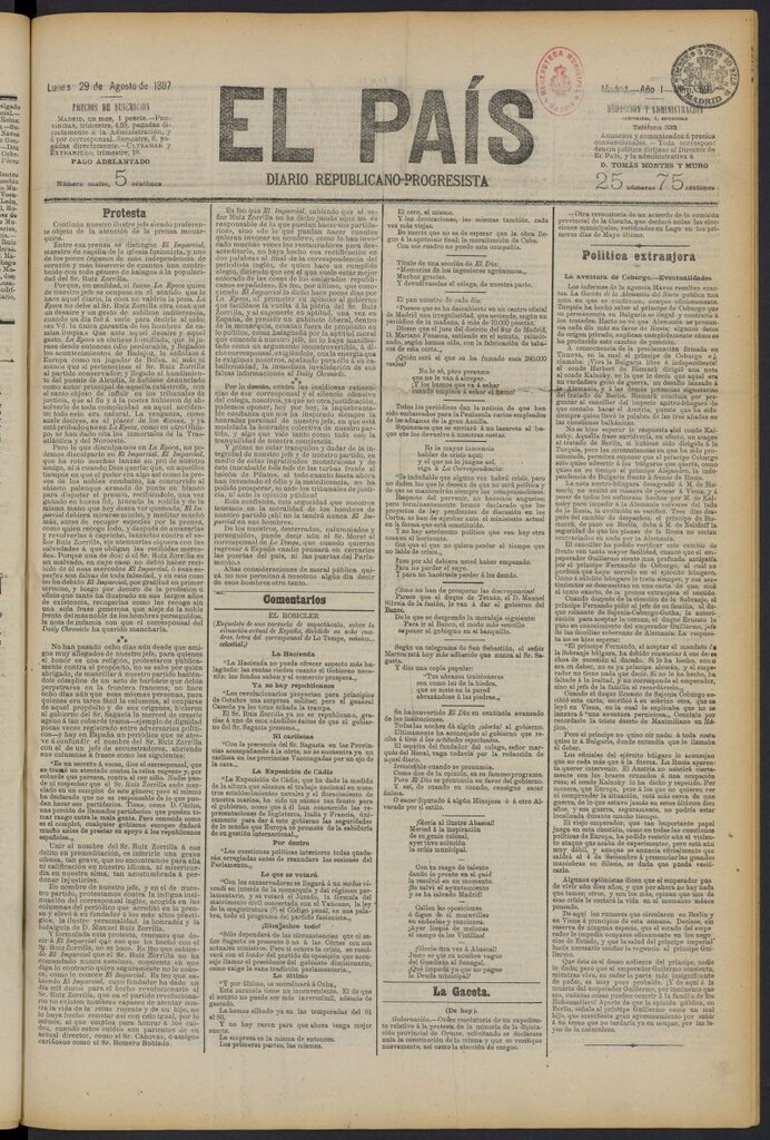Miniatura de El País: diario republicano-progresista del 29 de agosto de 1887, nº 69